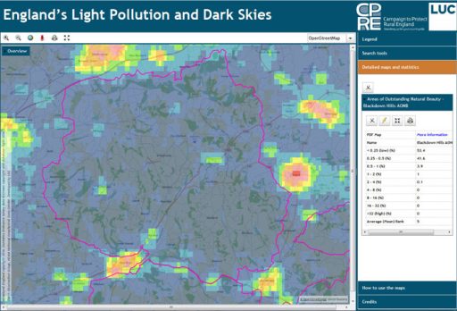 Map of the Blackdown Hills AONB showing areas of darkness and light pollution