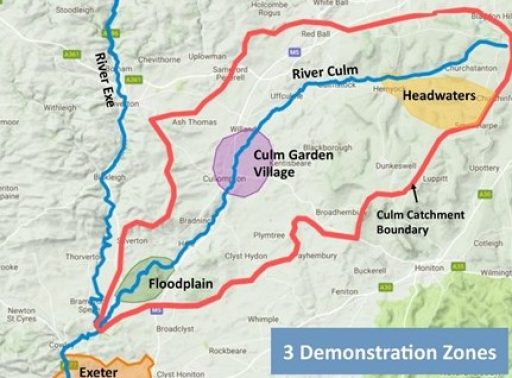 Map showing the River Culm and the three demonstration zones