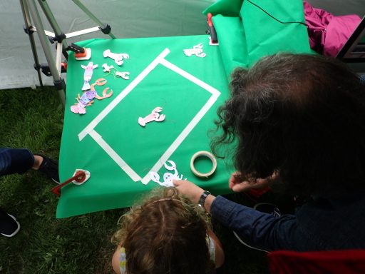 Cut out crayfish drawing placed on a 'green screen' to make stop-frame animation