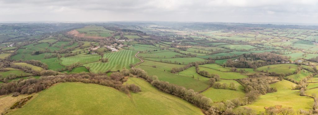 Aerial view north from Dumpdon Hill showing the field patterns and hedgerows