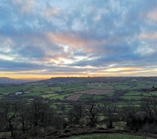 A view over a landscape of fields and tress with a dramatic sunset