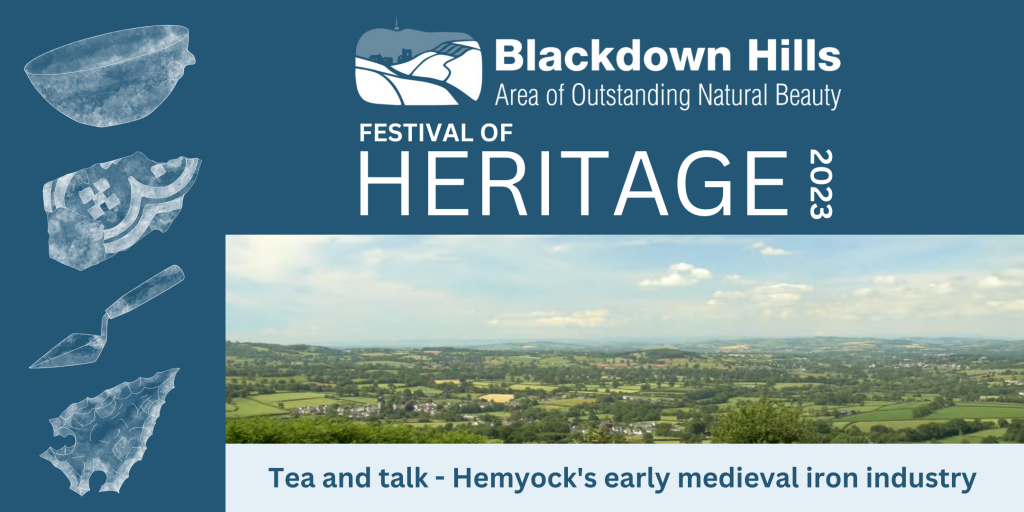 Hemyock's early medieval iron industry - tea and talk . Panoramic photo of the Blackdown Hills landscape.