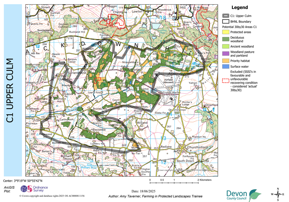 Map showing potential 30by30 within the Blackdown Hills National Landscape