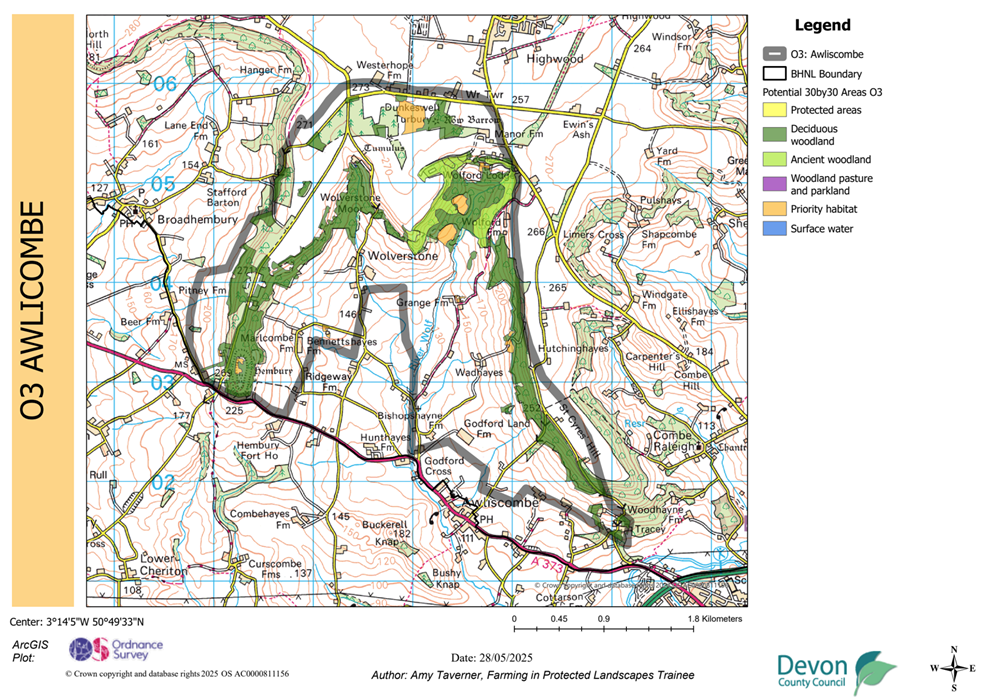 Map showing potential 30by30 within the Blackdown Hills National Landscape