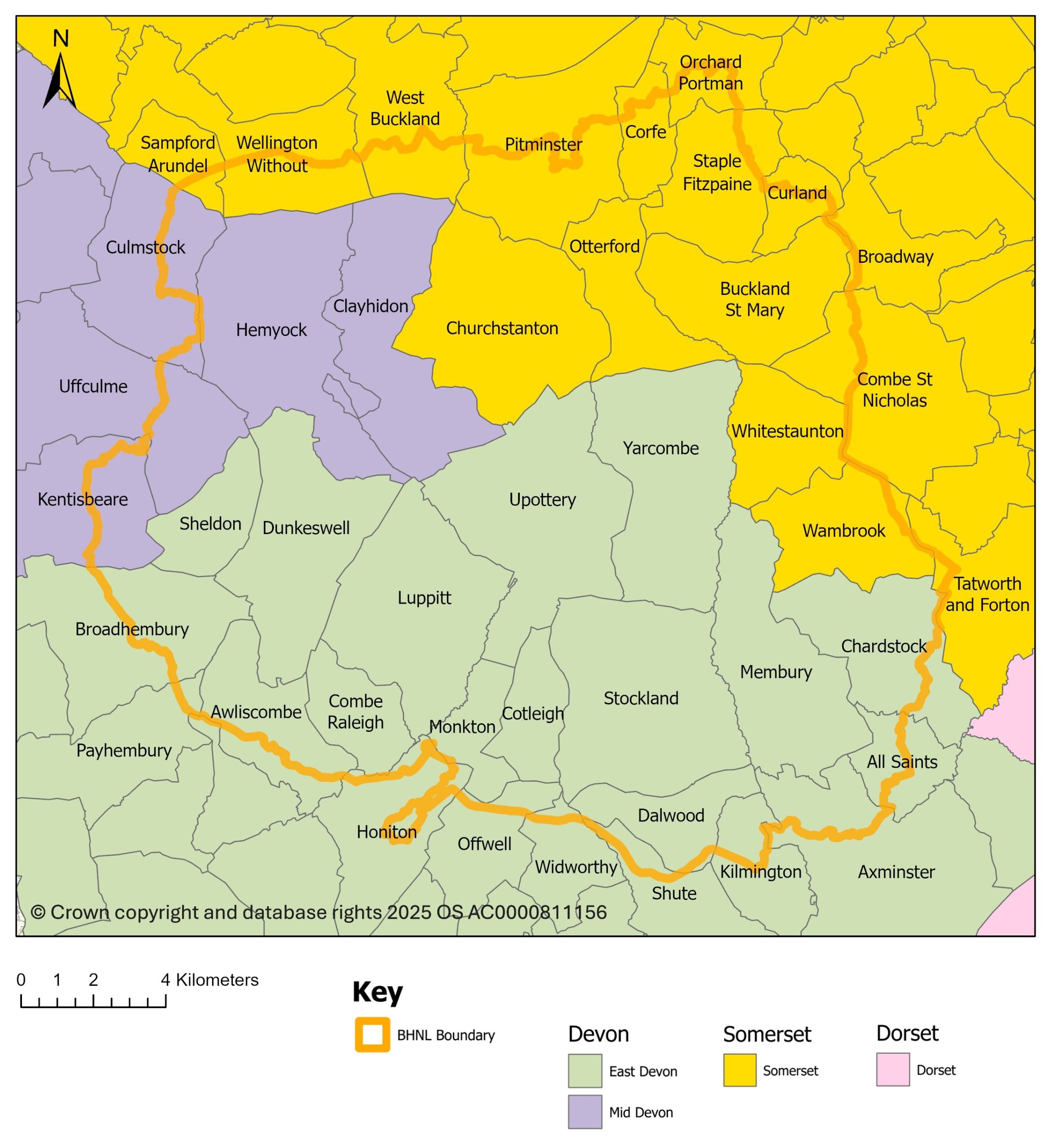 planningmap2025 map showing Blackdown Hills parishes by local authority area